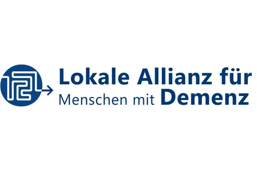 Logo Lokale Allianz für Demenz mit blauem Kreis. Darin weißes Labyrinth